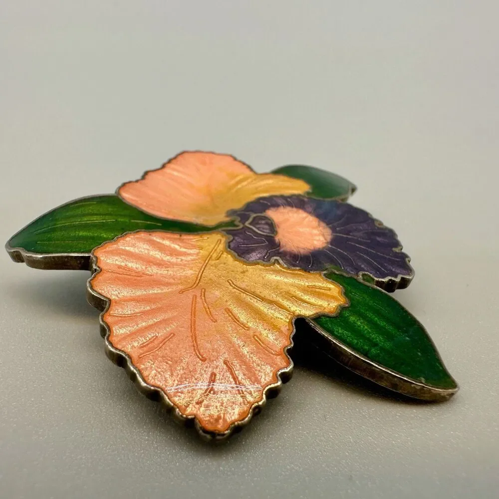 Vintage Cloisonne Flower Brooch Peach Purple Green Orchid Iridescent Enamel 2